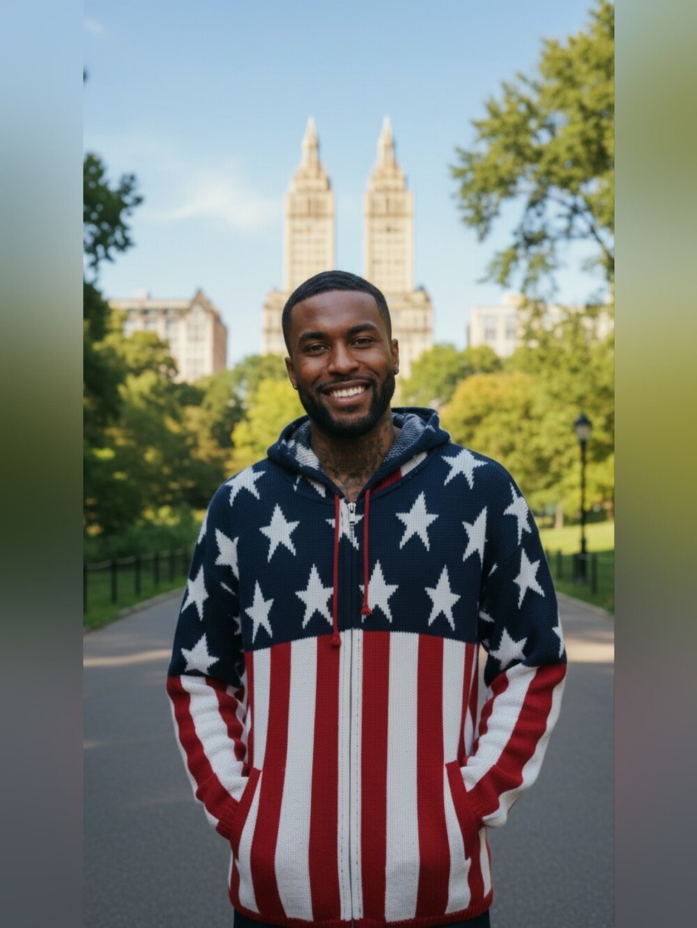 Patriotic American Flag Knit Zip-Up Hoodie Boho Festival Large